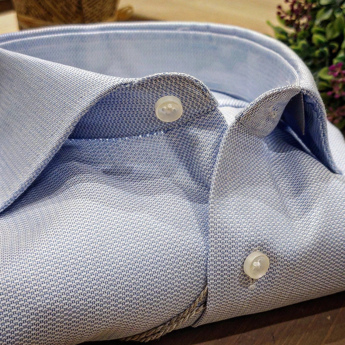 Camicia in Cotone No Stiro Microfantasia Armaturata Celeste Collo Francese