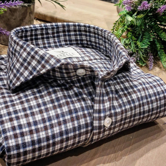 Camicia in Cotone Flanellato Quadretto Marrone e Blu Collo Francese Cutaway