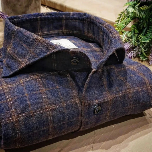 Camicia in Cotone Flanellato Quadro Marrone e Noce Collo Francese Cutaway