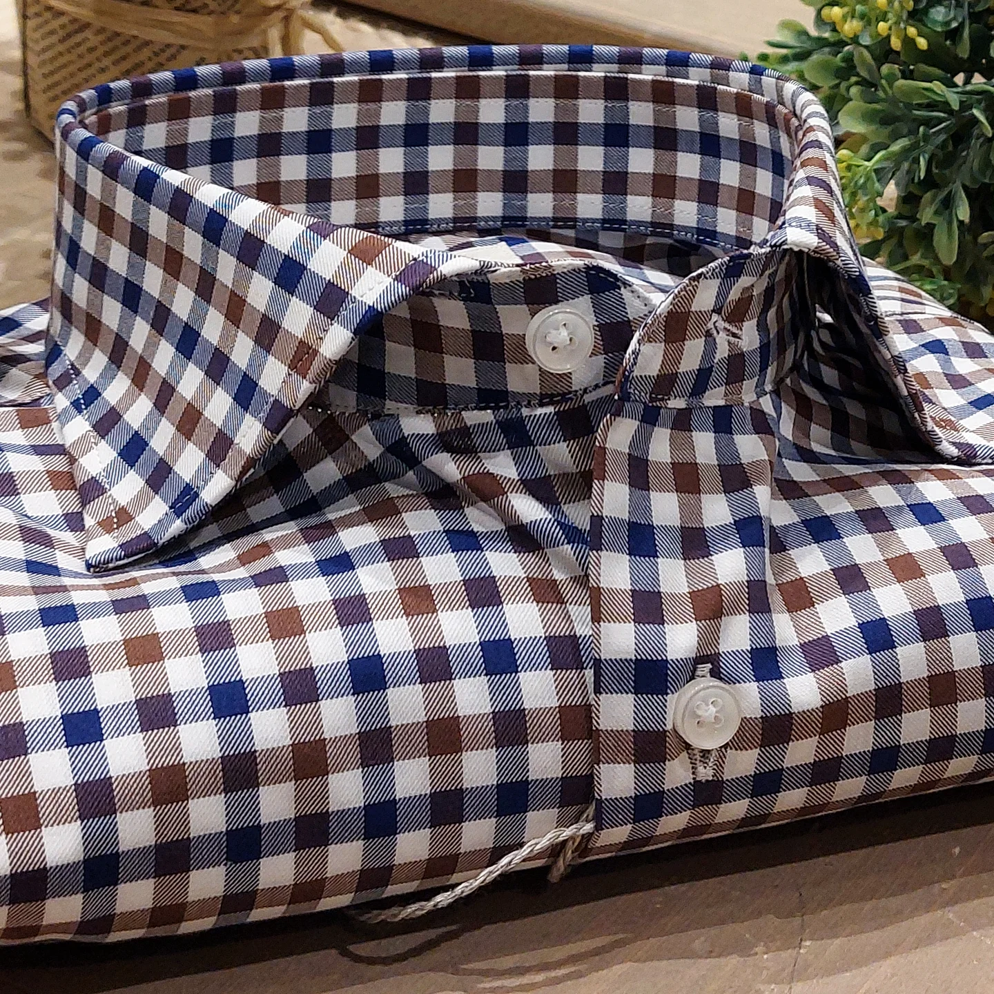 Camicia in Cotone Quadro Blu e Marrone Collo Francese