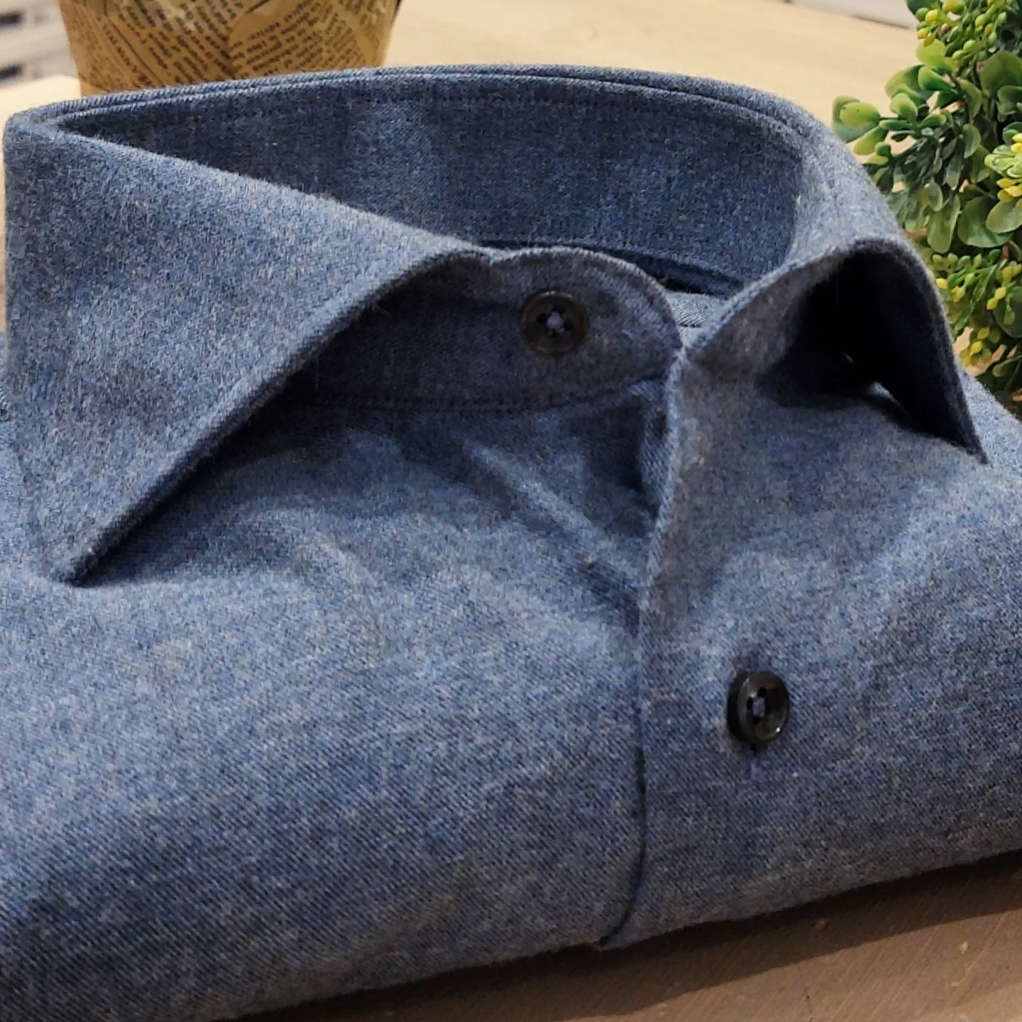Camicia in Cotone Flanellato Azzurro Denim Collo Francese