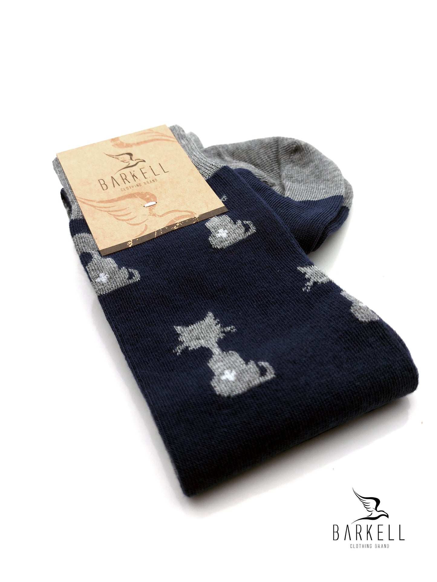 Calza Lunga In Caldo Cotone di Alta Qualità Fondo Blu Fantasia Gatto e Zampa