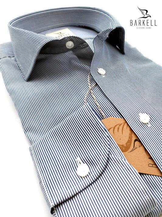 Camicia in Cotone No Stiro Rigata Bianca e Blu Collo Francese