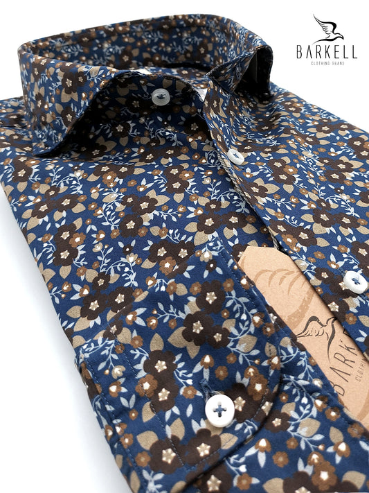 Camicia in Cotone Fantasia Floreale Marrone e Sabbia Fondo Blu Collo Francese Cutaway