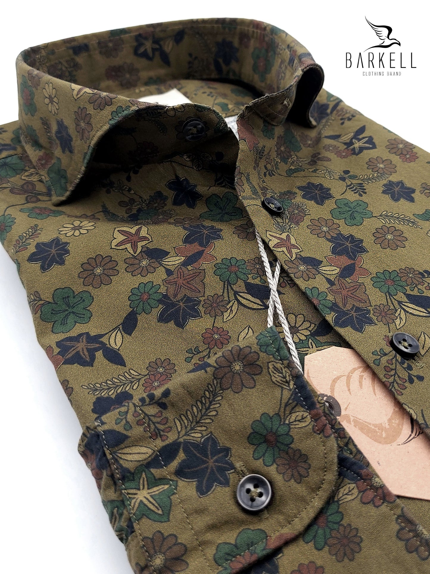Camicia in Cotone Fantasia Floreale Multicolore Fondo Verde Collo Francese Cutaway