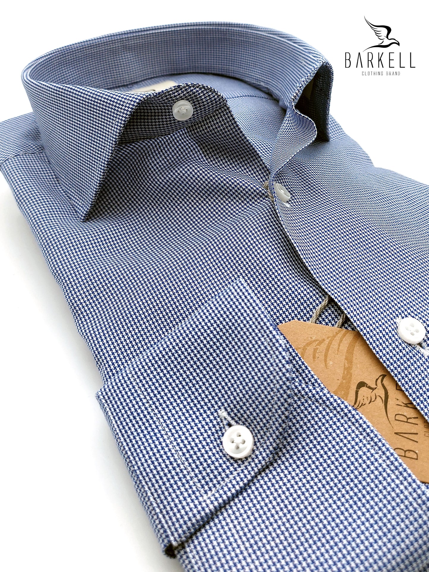 Camicia in Cotone Microfantasia Pied de Poule Bianca e Blu Collo Francese