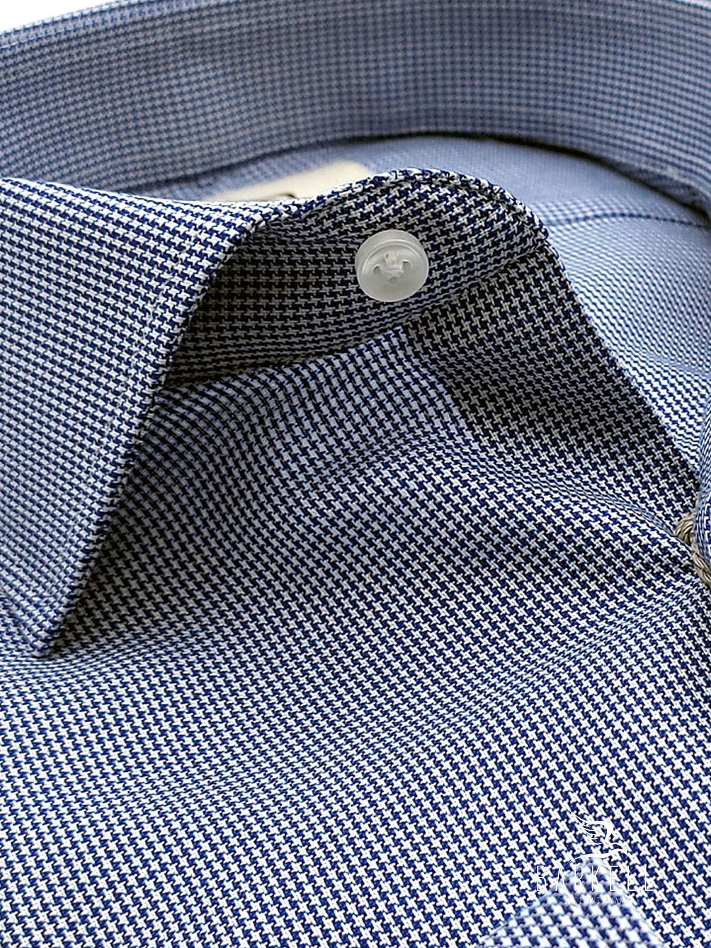 Camicia in Cotone Microfantasia Pied de Poule Bianca e Blu Collo Francese