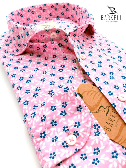 Camicia in Cotone Fantasia Fiorata Blu e Bianco Fondo Rosa Collo Francese Cutaway (Le taglie esaurite saranno a breve nuovamente disponibili)