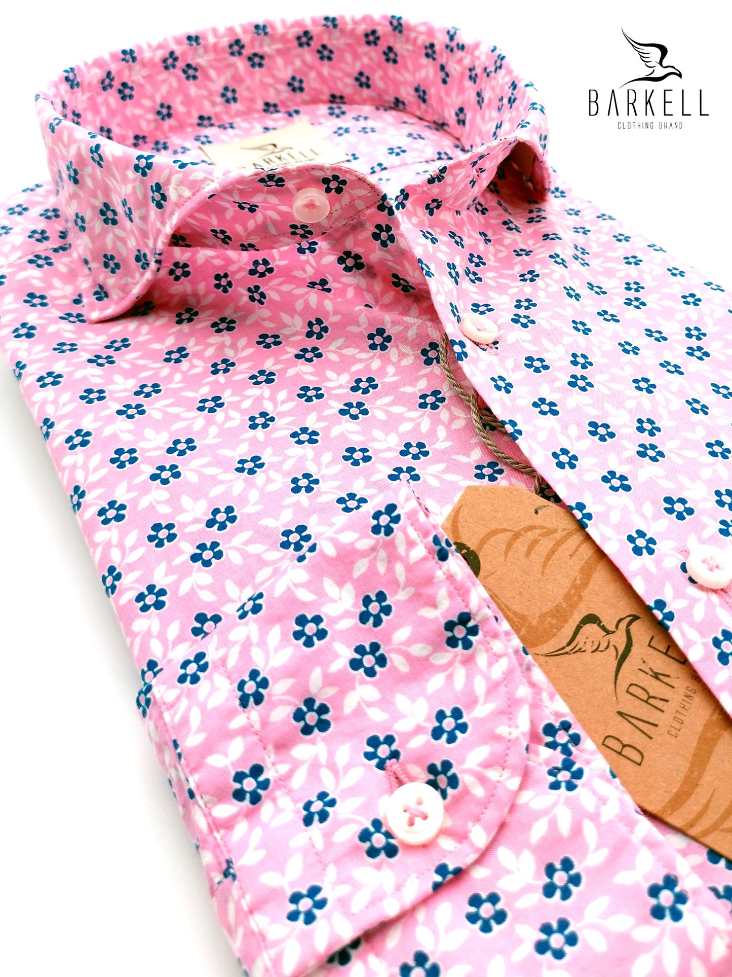 Camicia in Cotone Fantasia Fiorata Blu e Bianco Fondo Rosa Collo Francese Cutaway