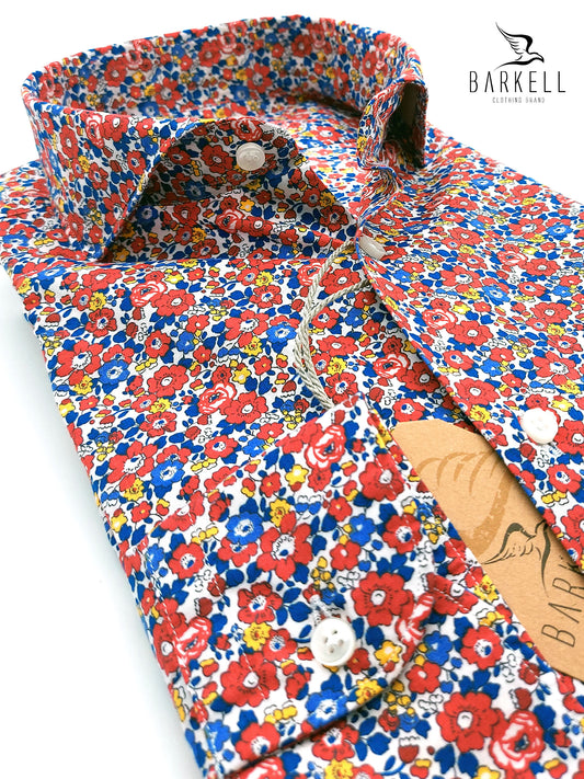 Camicia in Cotone Fantasia Fiorata Multicolore Fondo Bianco Collo Francese Cutaway