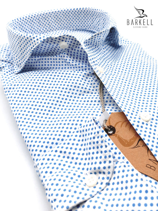 Camicia in Cotone Fantasia Pois Celeste Fondo Bianco Collo Francese Cutaway