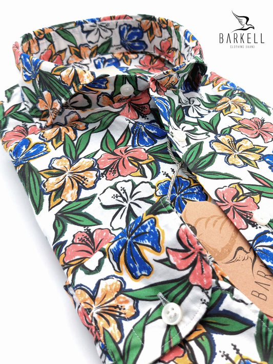 Camicia in Cotone Fantasia Ibisco Multicolore Fondo Bianco Collo Francese Cutaway