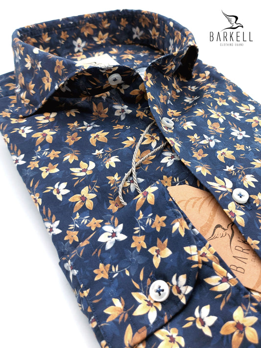 Camicia in Cotone Fantasia Fiore Tropicale Ocra Fondo Blu Denim Collo Francese Cutaway