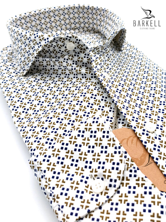 Camicia in Cotone Fantasia Geometrica Blu e Oliva Fondo Bianco Collo Francese Cutaway