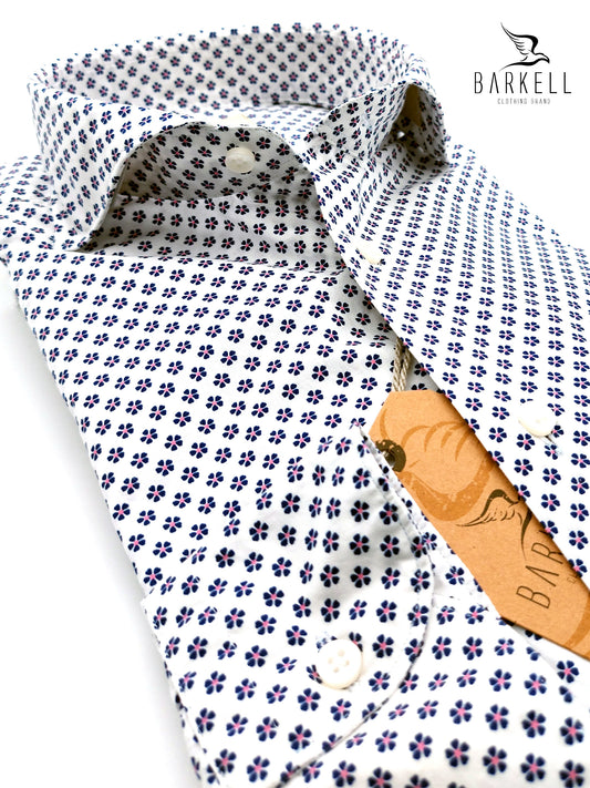 Camicia in Cotone Fantasia Fiorellino Blu Fondo Bianco Collo Francese Cutaway