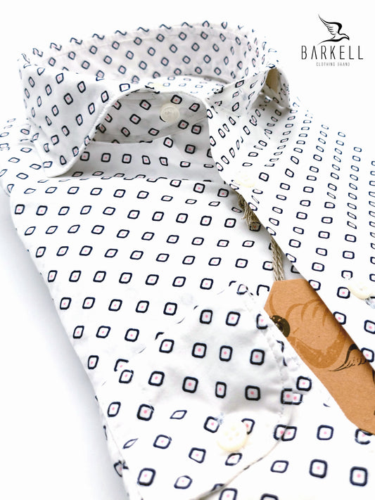 Camicia in Cotone Fantasia Geometrica Blu Fondo Bianco Collo Francese Cutaway