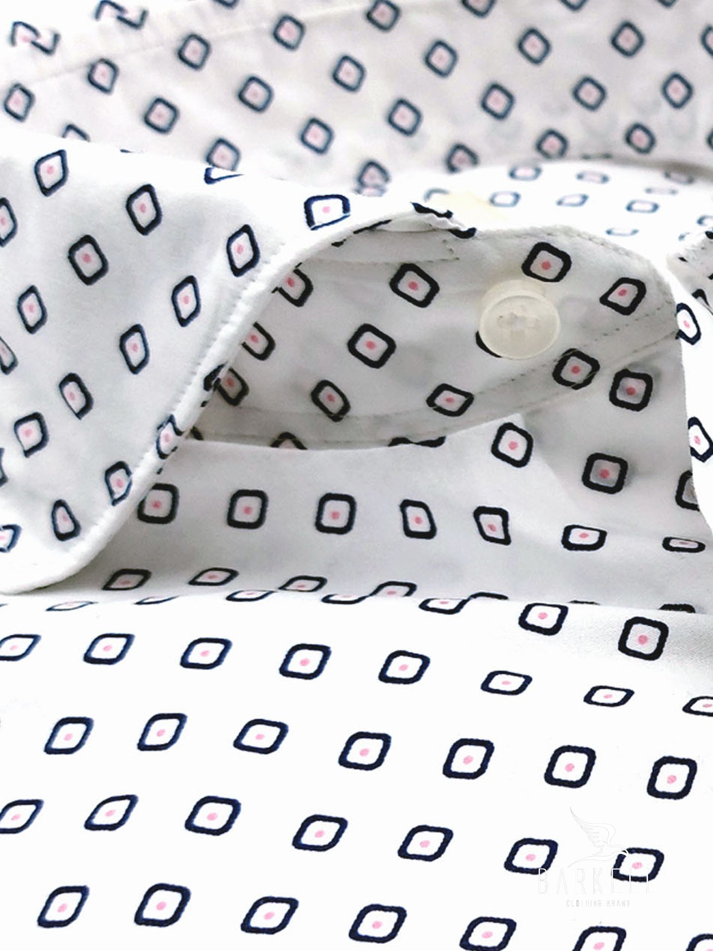 Camicia in Cotone Fantasia Geometrica Blu Fondo Bianco Collo Francese Cutaway