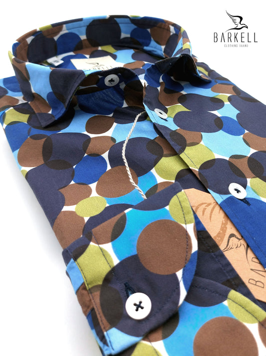 Camicia in Cotone Fantasia Pois Multicolore Fondo Blu Collo Francese Piccolo