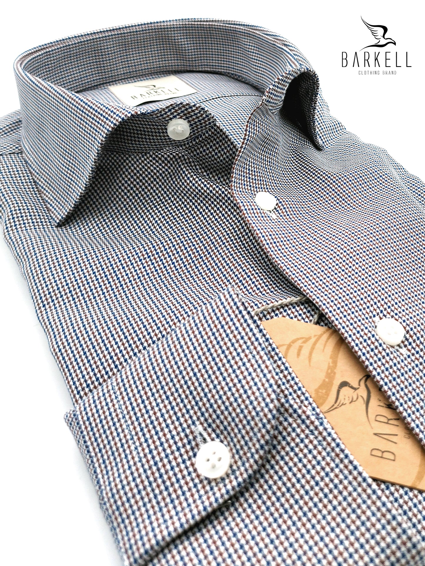 Camicia in Cotone Microfantasia Pied de Poule Blu e Marrone Collo Francese