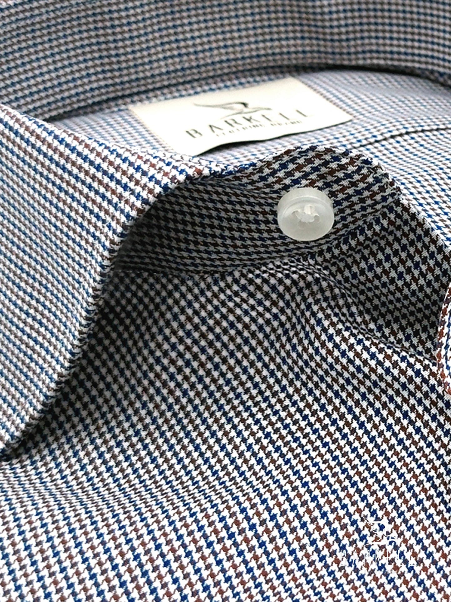 Camicia in Cotone Microfantasia Pied de Poule Blu e Marrone Collo Francese
