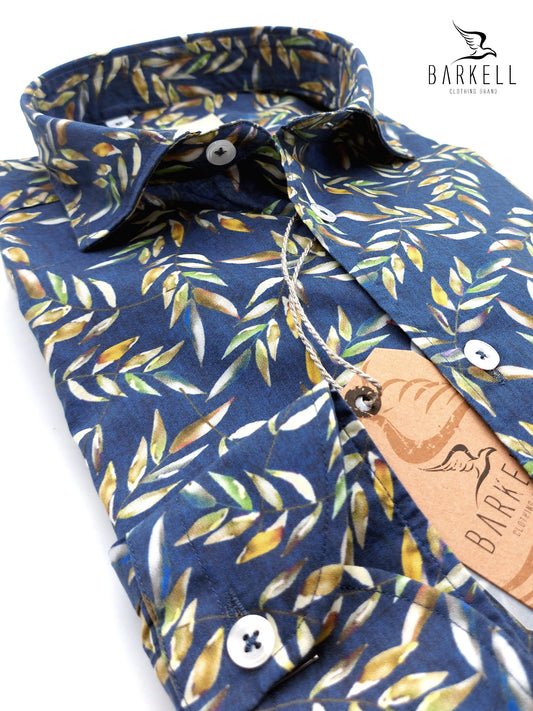 Camicia in Cotone Fantasia Foglie Multicolore Fondo Blu Collo Francese Piccolo