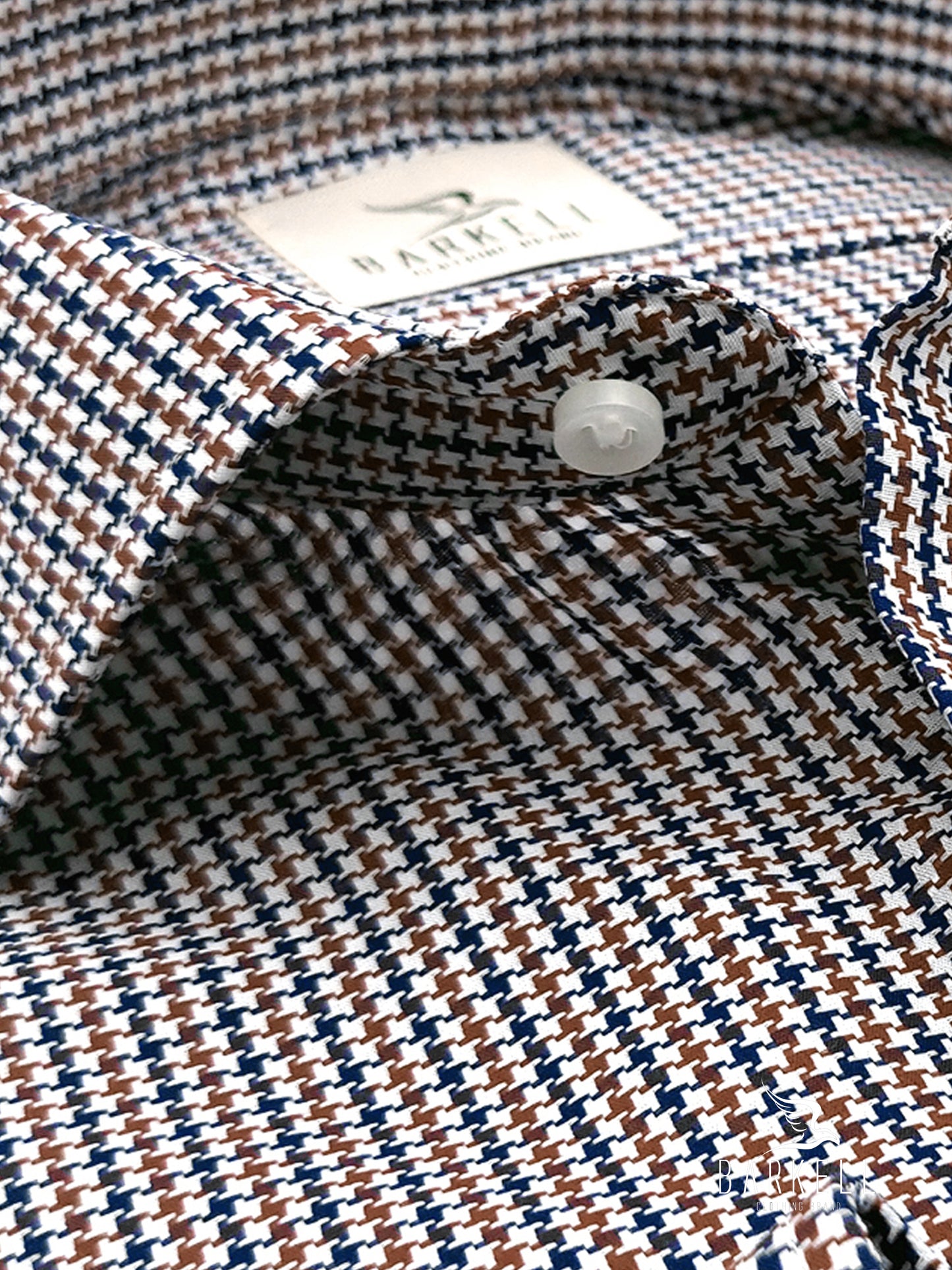 Camicia in Cotone Fantasia Pied de Poule Blu e Marrone Collo Francese