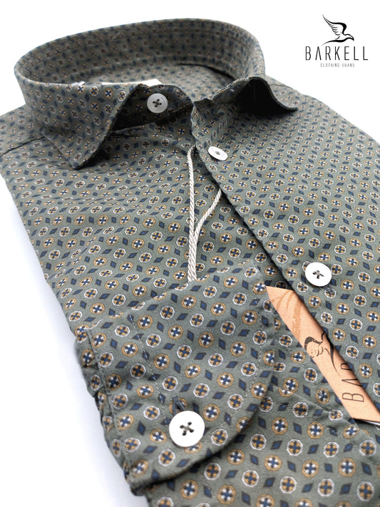 Camicia in Cotone Fantasia Geometrica Multicolore Fondo Militare Collo Francese Piccolo