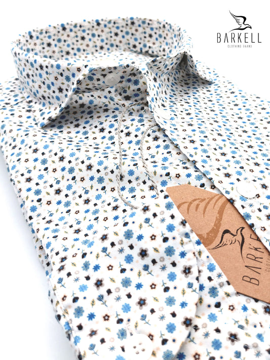 Camicia in Cotone Fantasia Fiorellini Multicolore Fondo Bianco Collo Francese Piccolo