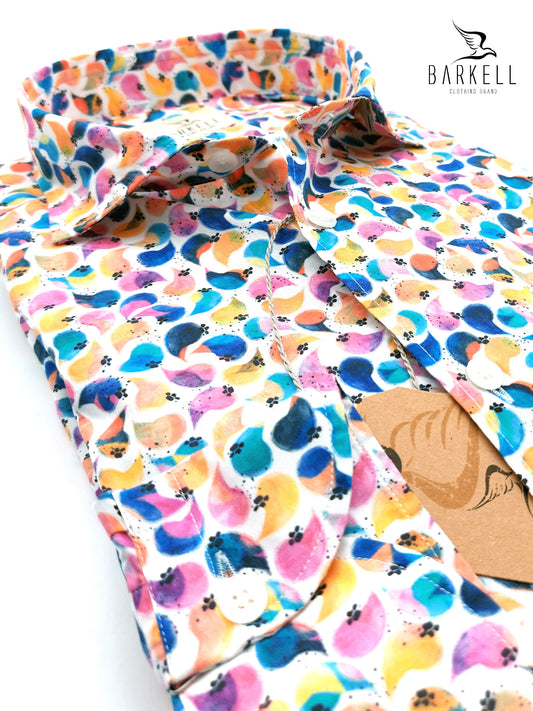 Camicia in Cotone Fantasia Petali Multicolore Fondo Bianco Collo Francese Piccolo