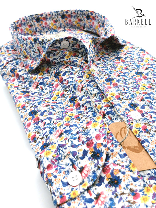 Camicia in Cotone Fantasia Floreale Multicolore Fondo Bianco Collo Francese Piccolo