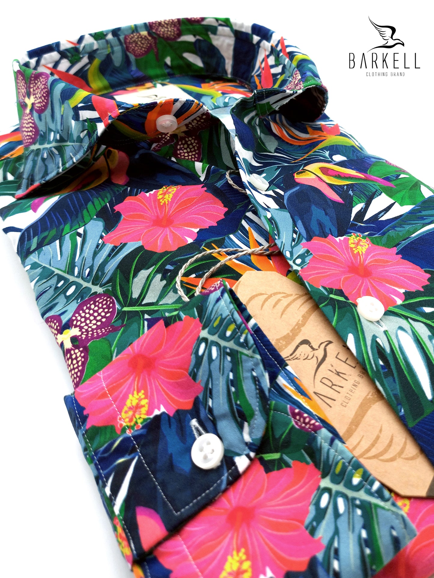Camicia in Misto Cotone Fantasia Ibisco Tropicale Multicolore Fondo Blu Collo Francese Cutaway