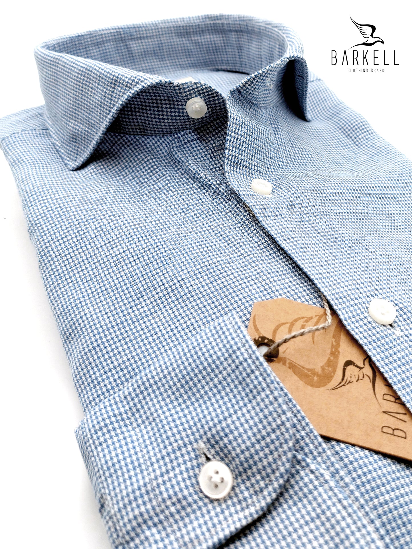 Camicia in Misto Lino Microfantasia Pied de Poule Denim e Bianco Collo Francese Cutaway