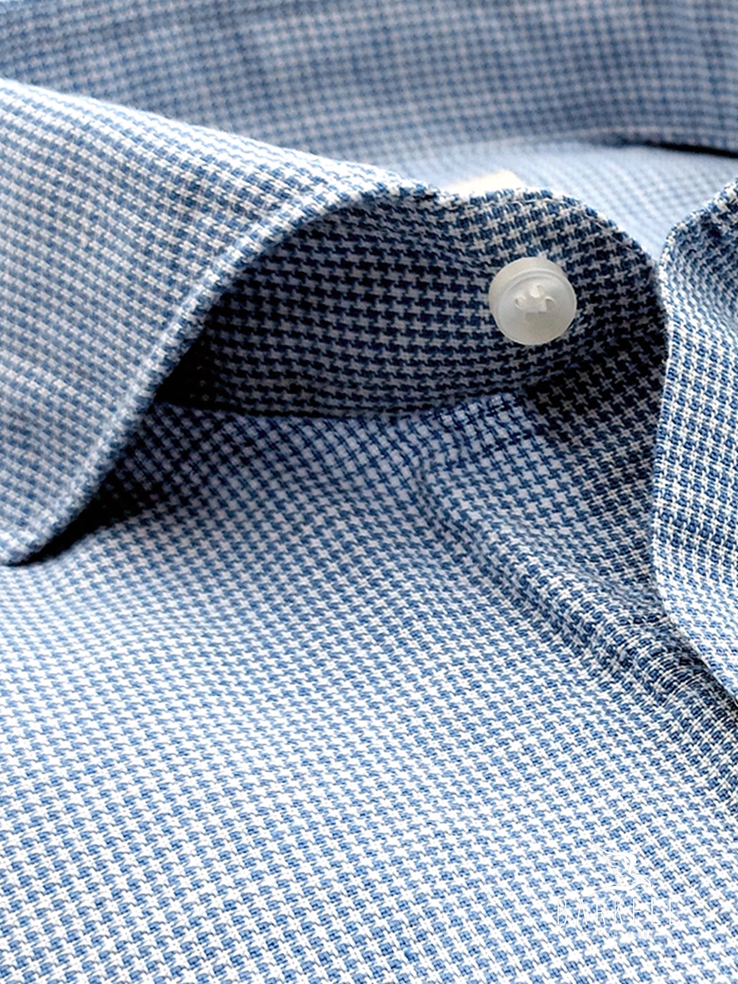 Camicia in Misto Lino Microfantasia Pied de Poule Denim e Bianco Collo Francese Cutaway