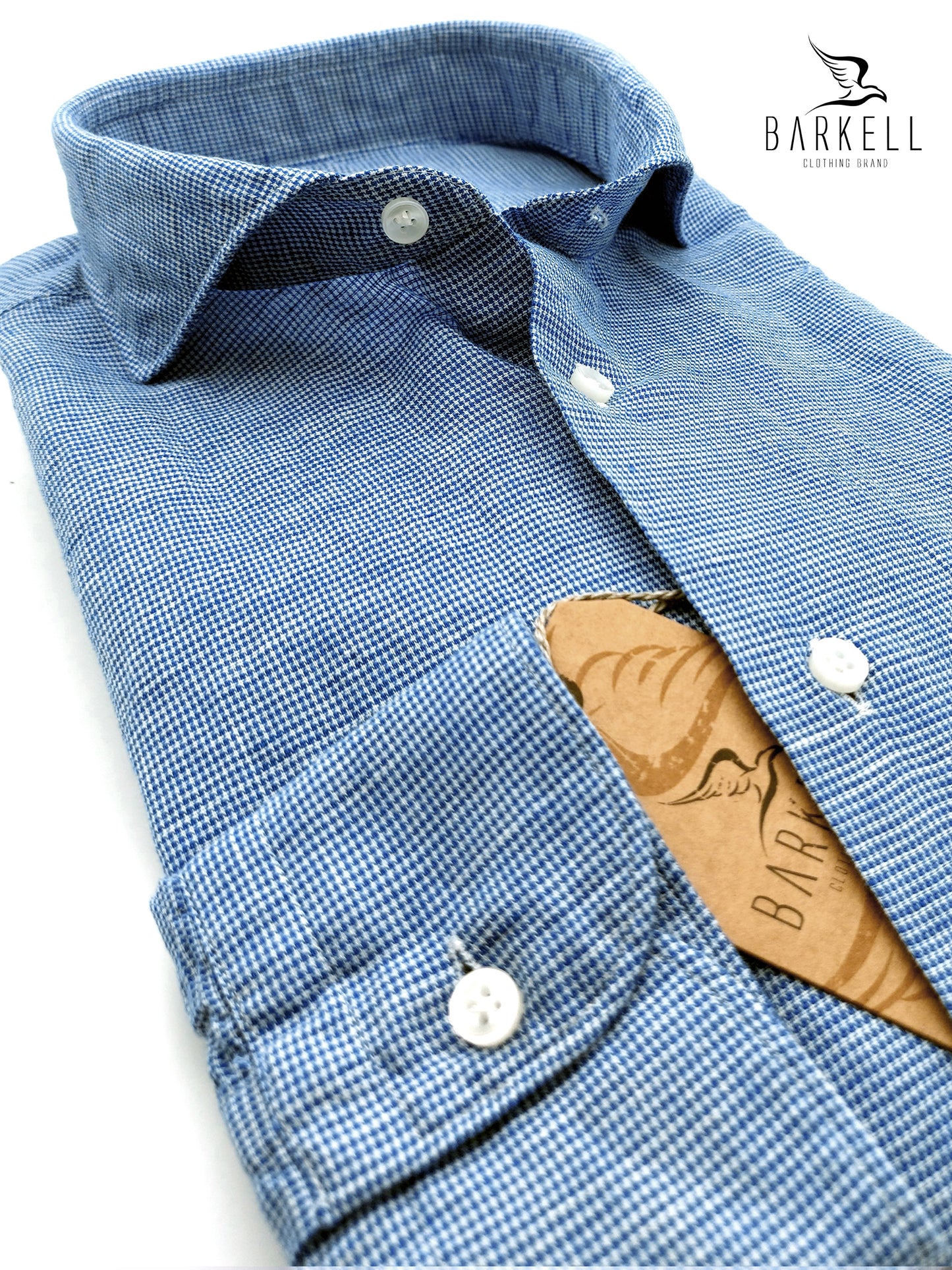 Camicia in Misto Lino Fantasia Micro Pied de Poule Blu e Bianco Collo Francese Cutaway