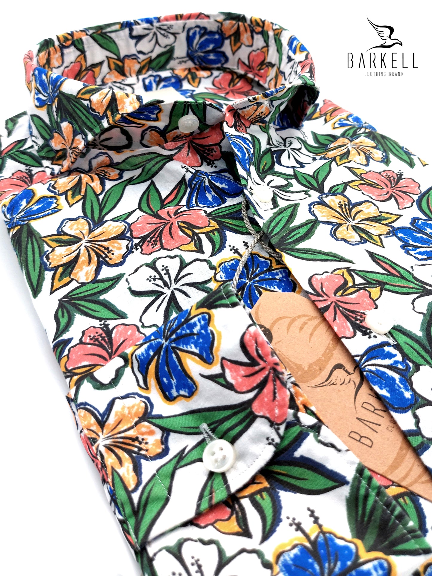 Camicia in Cotone Fantasia Floreale Multicolore Fondo Bianco Collo Francese Cutaway