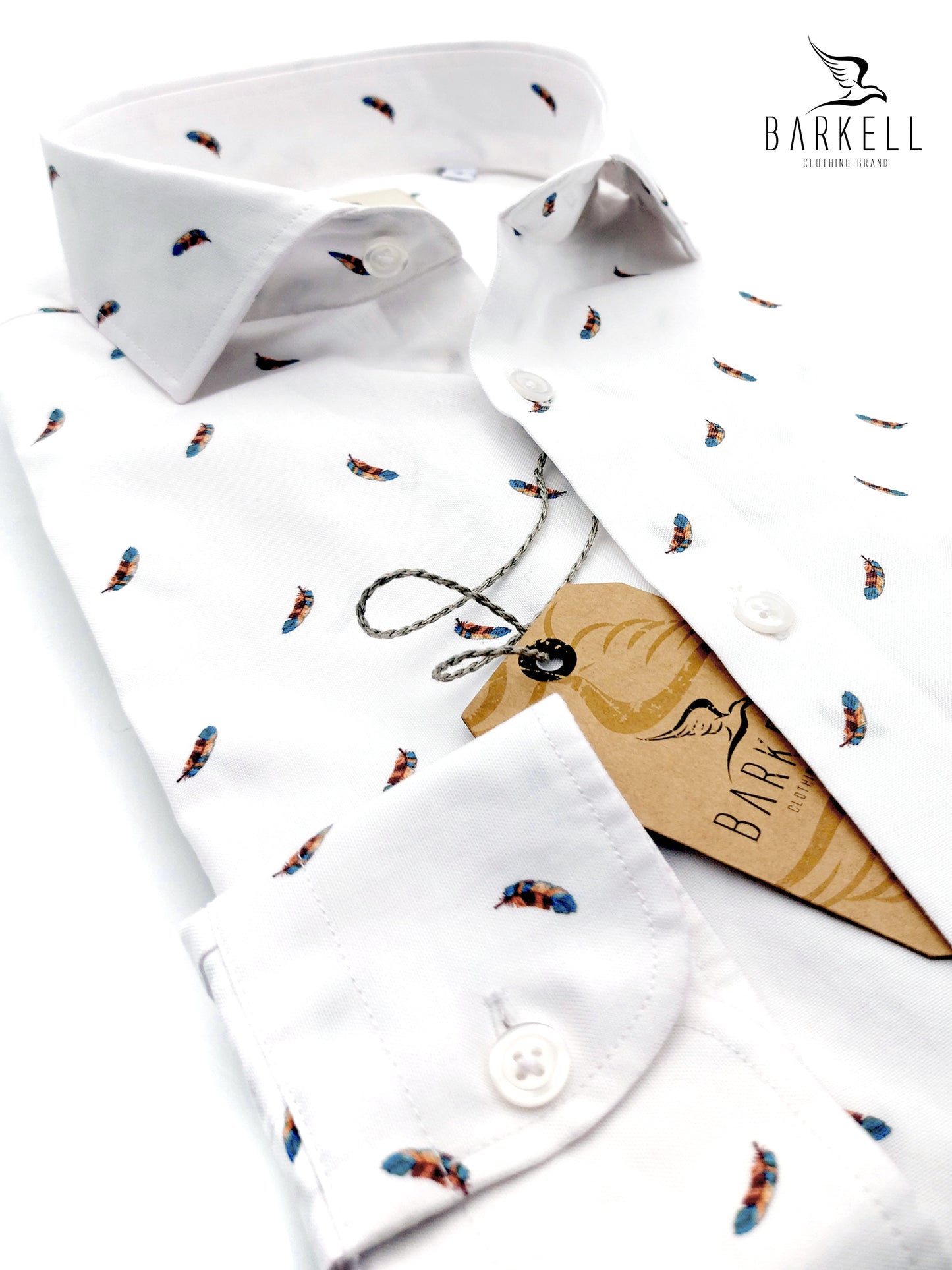 Camicia in Cotone Oxford Pinpoint Fantasia Piuma Multicolor Fondo Bianco Collo Francese Spread