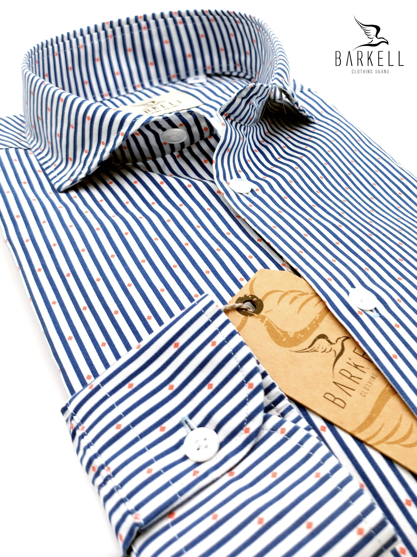 Camicia in Cotone Oxford Pinpoint Fantasia Riga e Rombo Fondo Bianco Collo Francese Spread