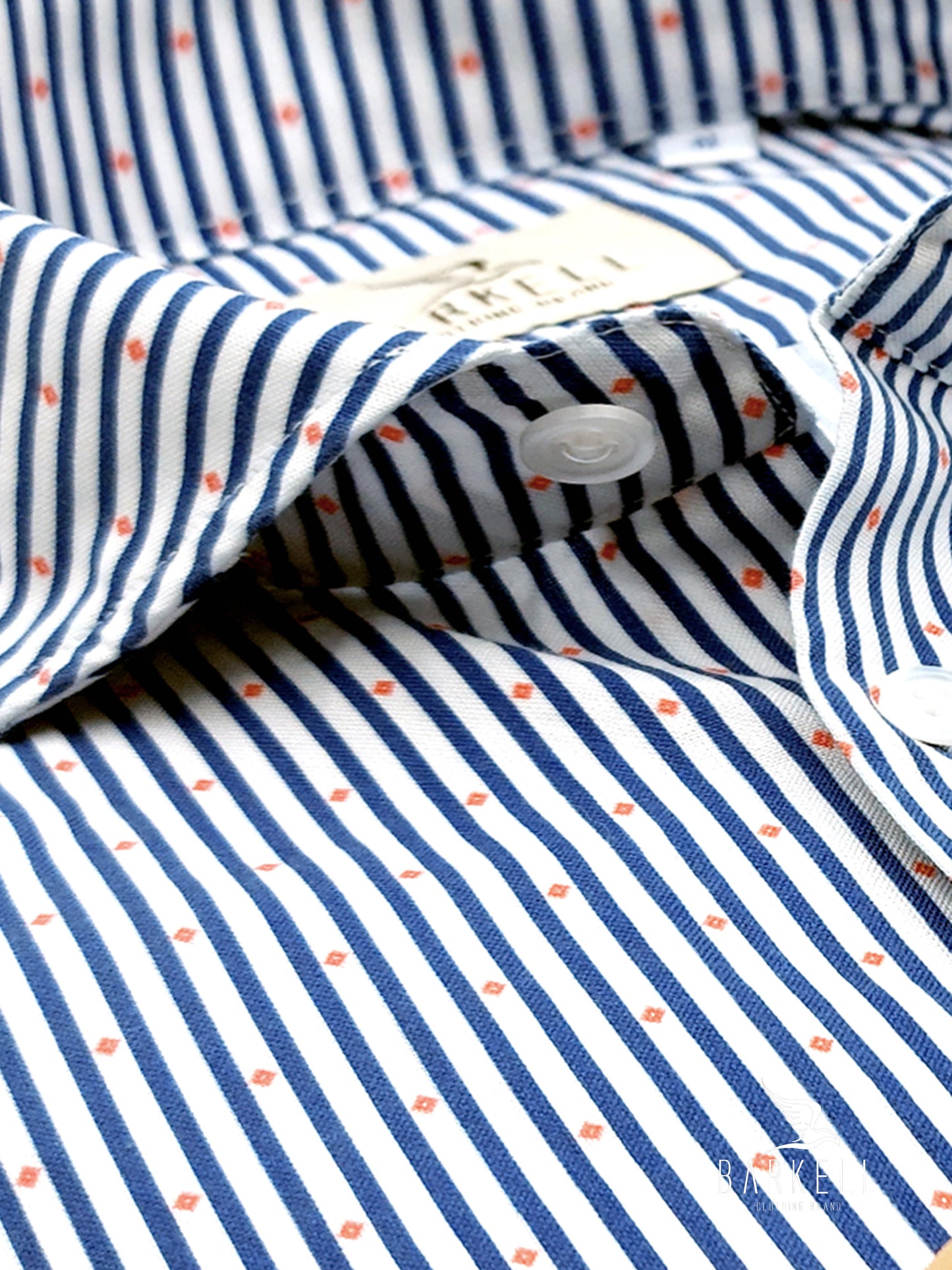 Camicia in Cotone Oxford Pinpoint Fantasia Riga e Rombo Fondo Bianco Collo Francese Spread