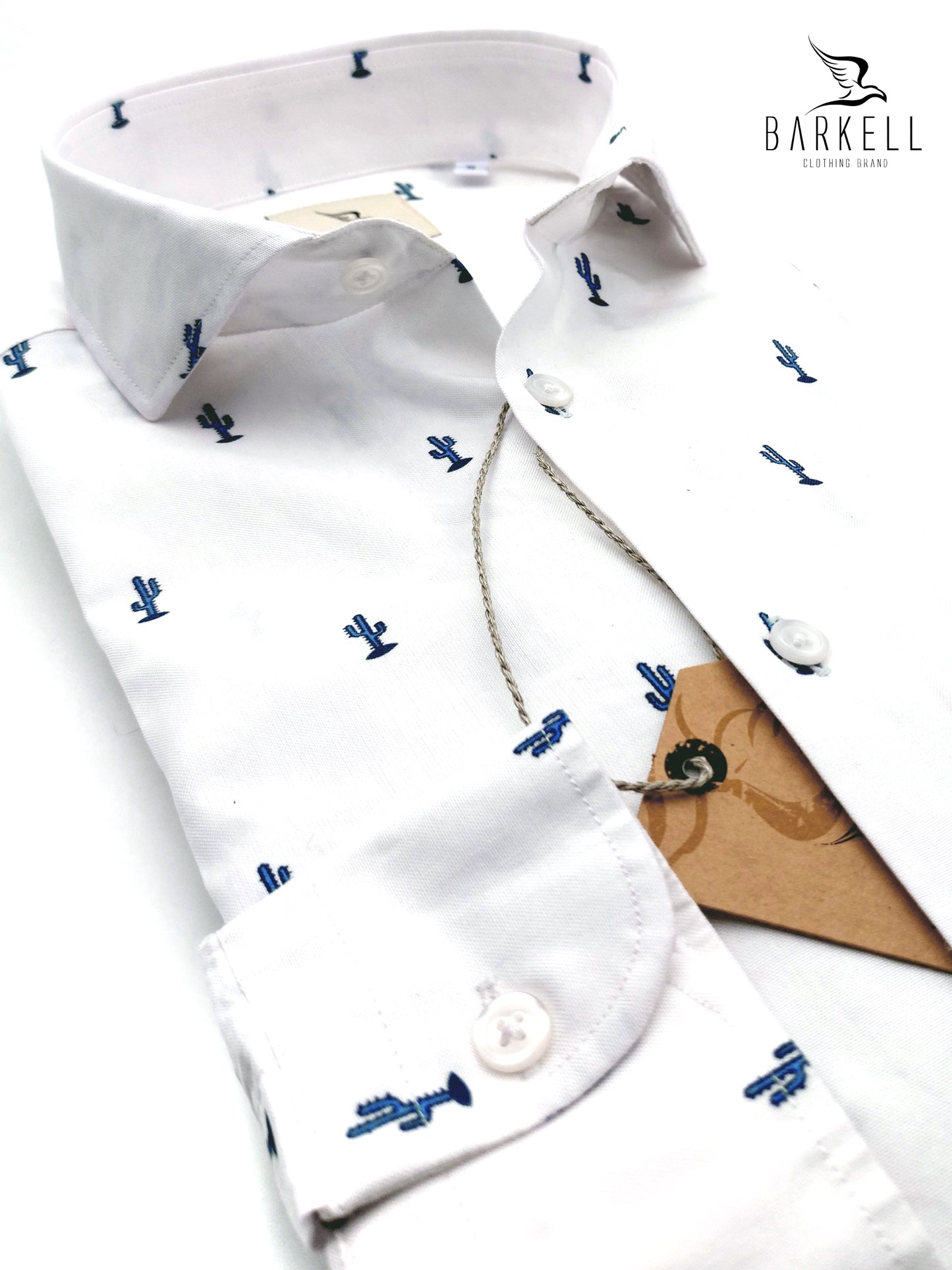 Camicia in Cotone Oxford Pinpoint Fantasia Cactus Blu Fondo Bianco Collo Francese Spread