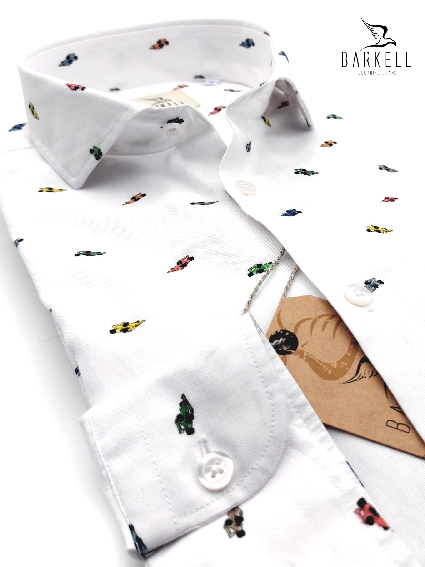 Camicia in Cotone Oxford Pinpoint Fantasia Formula Uno Multicolor Fondo Bianco Collo Francese Spread