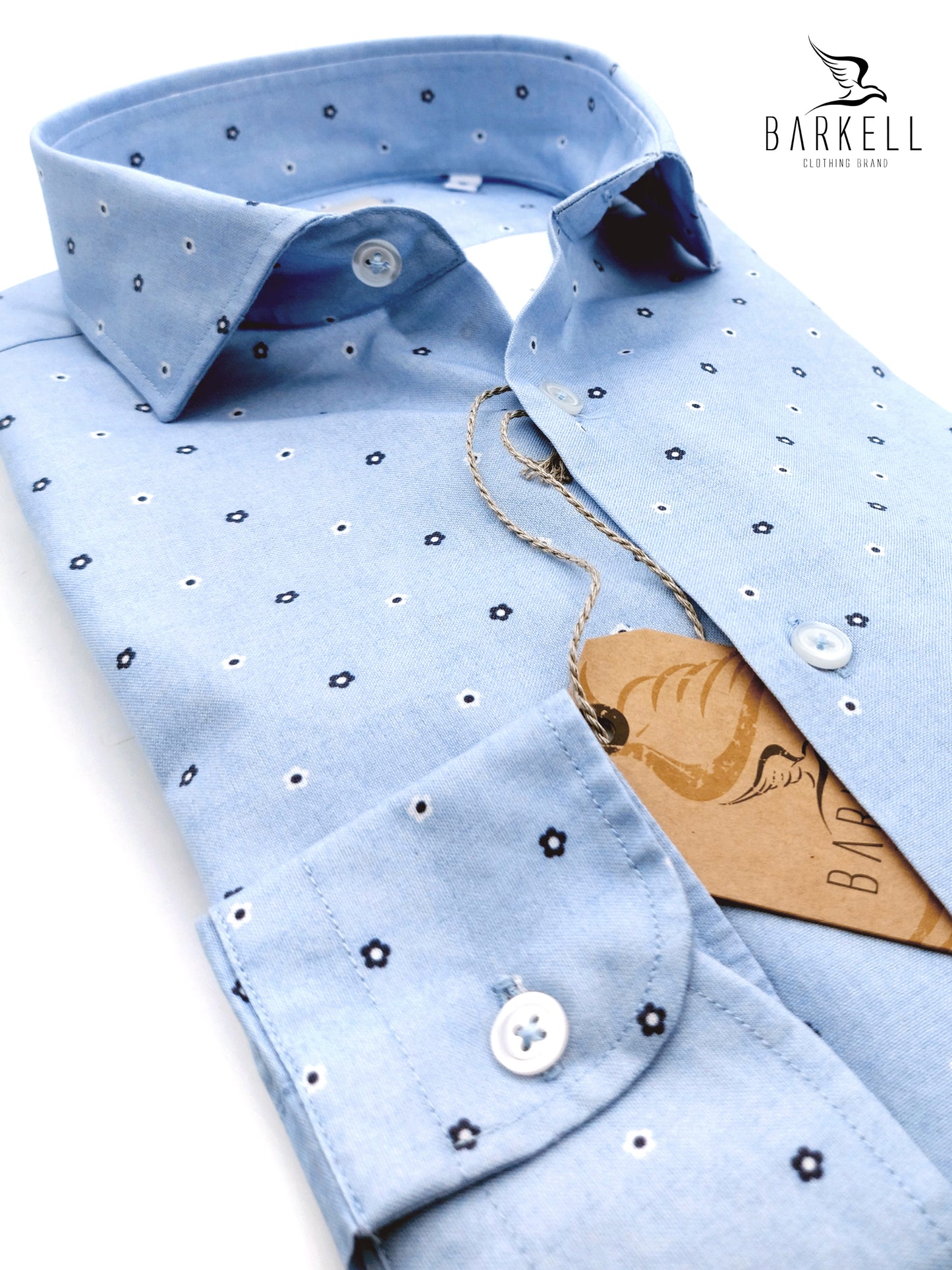 Camicia in Cotone Oxford Pinpoint Fantasia Fiore Multicolor Fondo Azzurro Collo Francese Spread
