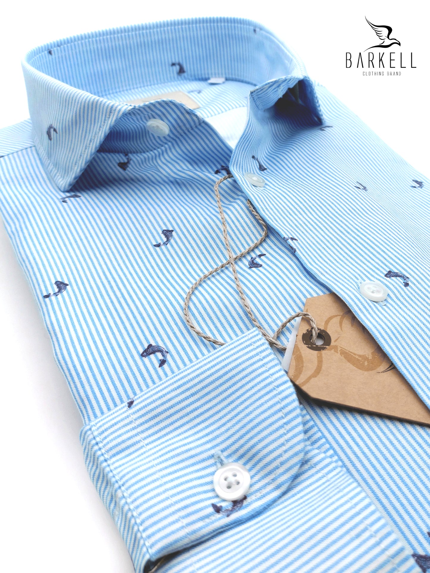 Camicia in Cotone Oxford Pinpoint Fantasia Riga e Balena Fondo Bianco Collo Francese Spread