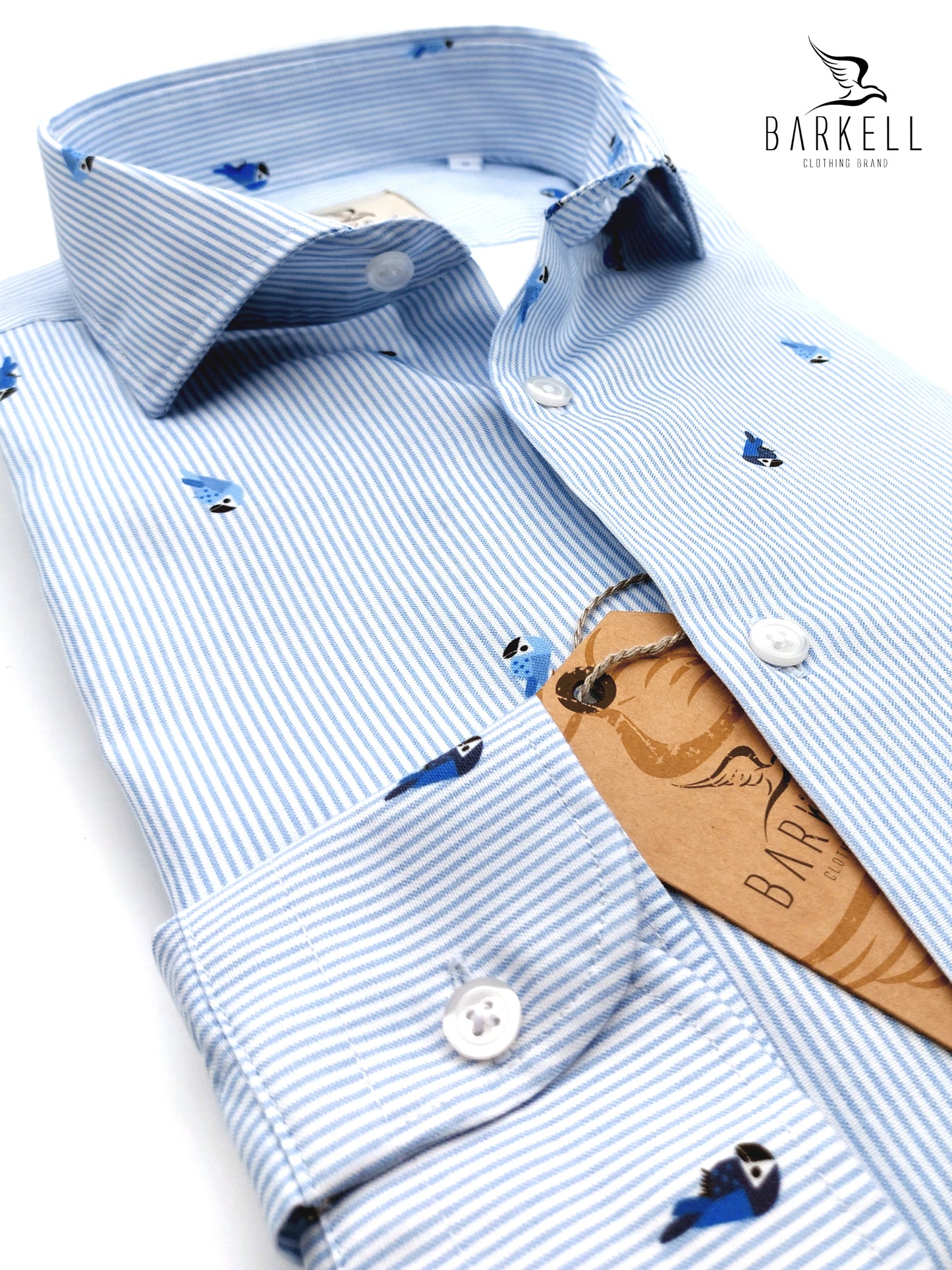 Camicia in Cotone Oxford Pinpoint Fantasia Riga e Pappagallo Fondo Bianco Collo Francese Spread
