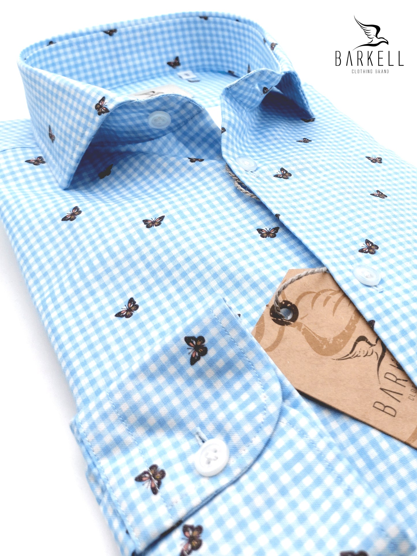 Camicia in Cotone Oxford Pinpoint Fantasia Quadro e Farfalla Fondo Bianco Collo Francese Spread