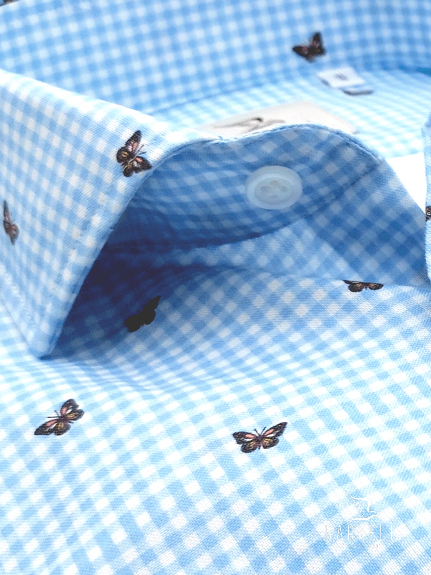 Camicia in Cotone Oxford Pinpoint Fantasia Quadro e Farfalla Fondo Bianco Collo Francese Spread