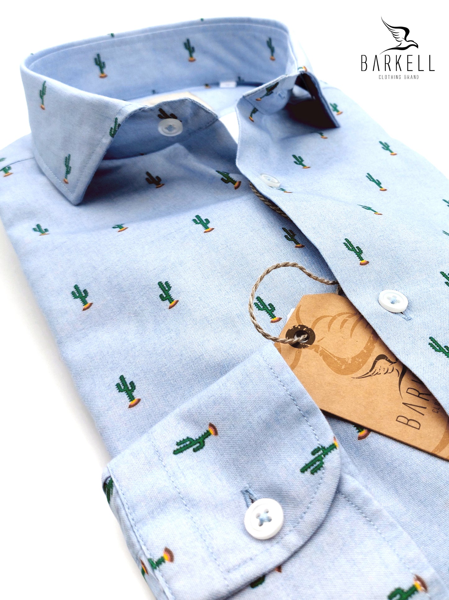 Camicia in Cotone Oxford Pinpoint Fantasia Cactus Verde Fondo Azzurro Collo Francese Spread