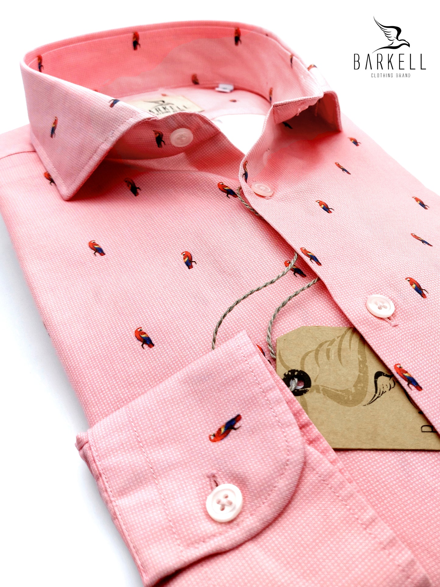 Camicia in Cotone Oxford Pinpoint Fantasia Pappagallino Multicolor Fondo Salmone Collo Francese Spread