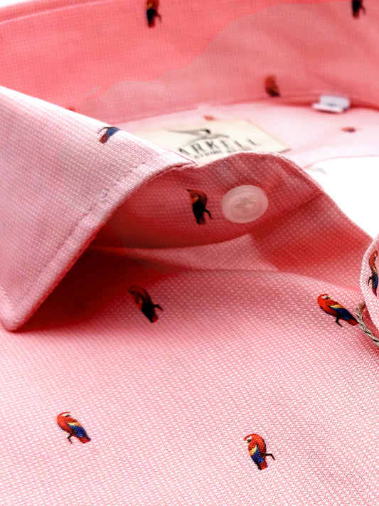 Camicia in Cotone Oxford Pinpoint Fantasia Pappagallino Multicolor Fondo Salmone Collo Francese Spread