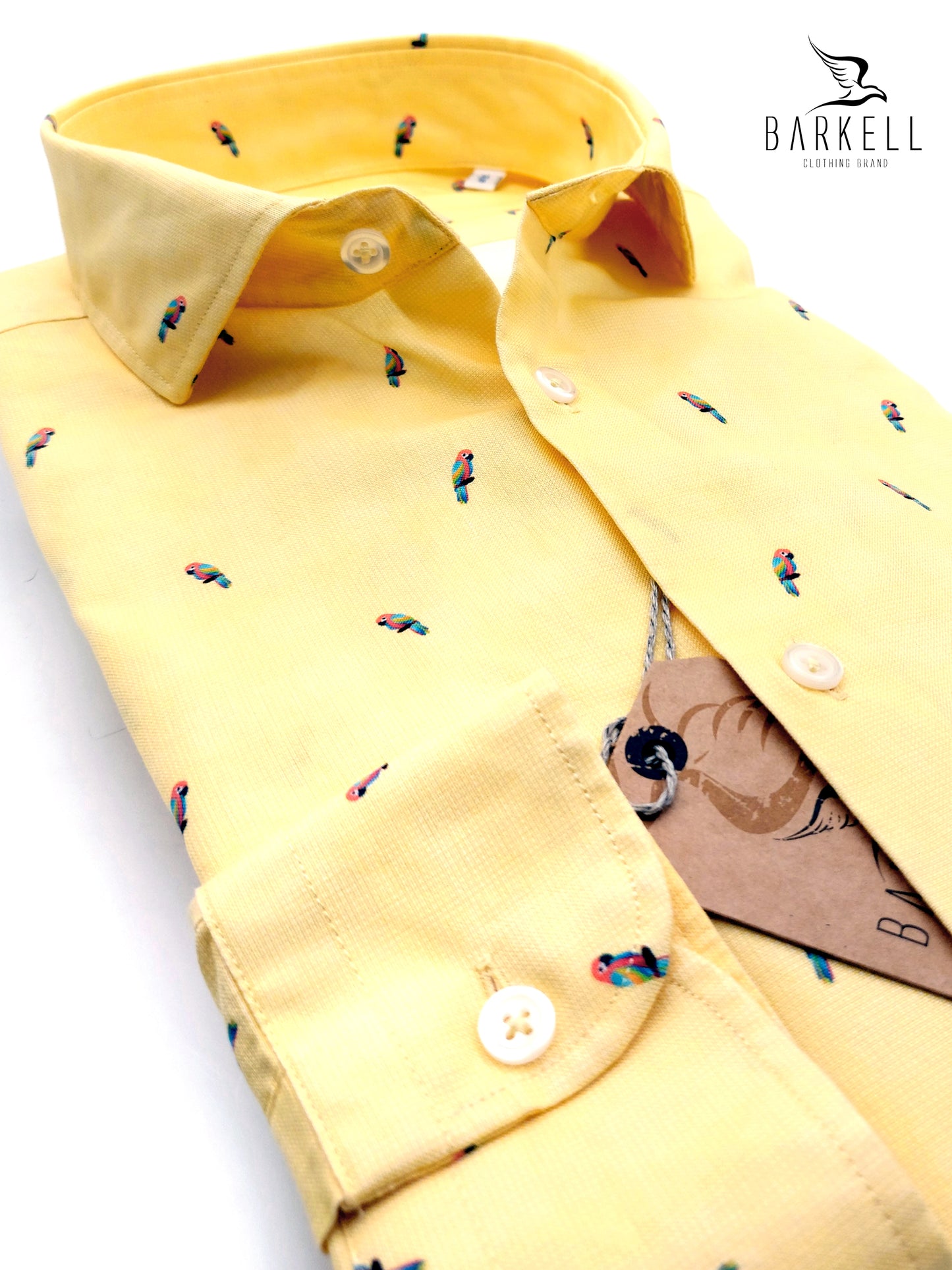 Camicia in Cotone Oxford Pinpoint Fantasia Pappagallino Multicolor Fondo Giallo Collo Francese Spread