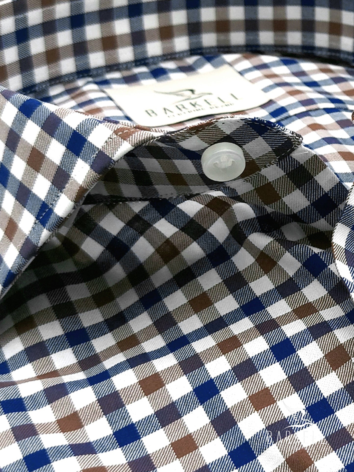 Camicia in Cotone Quadro Blu e Marrone Collo Francese